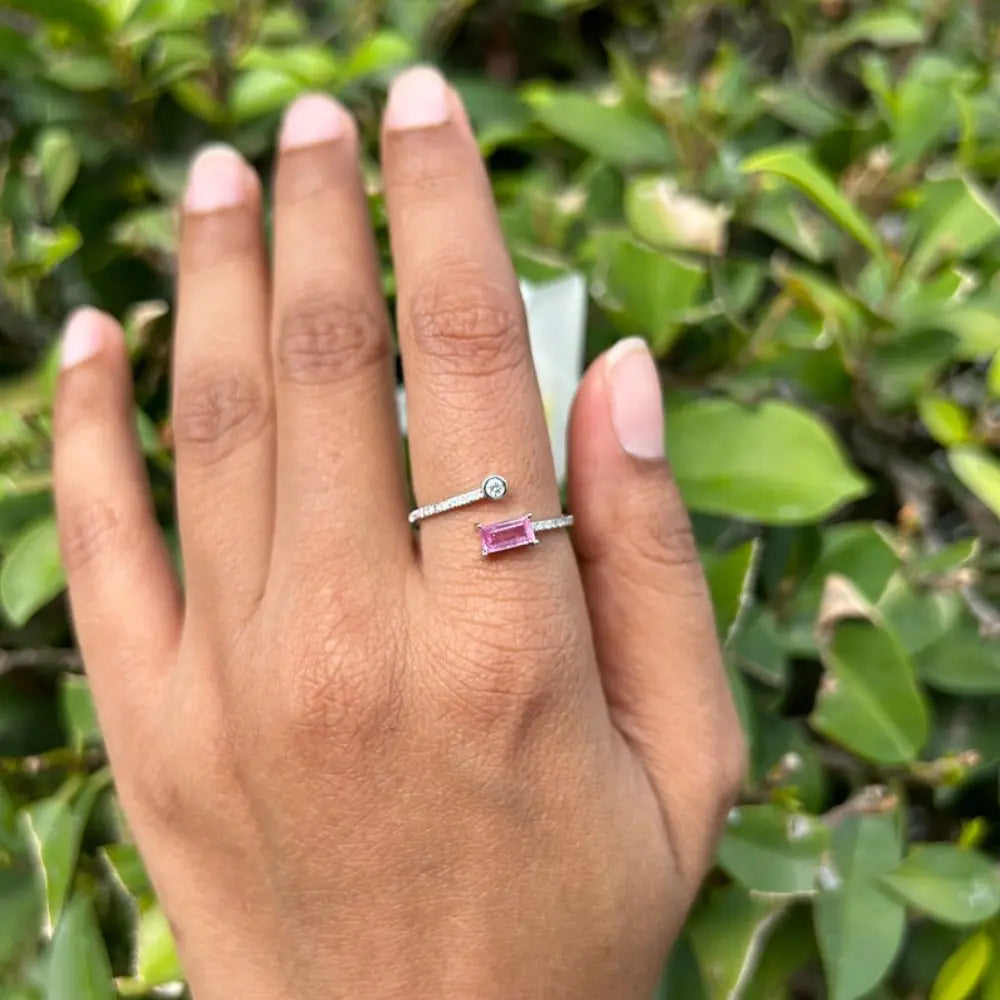 Natural Pink Sapphire & Diamond 14K White Gold Minimal Open Band Ring