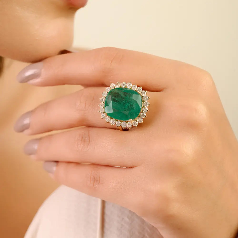100% Natural Cushion Cut Emerald & Diamond K14 Yellow Gold Halo Cluster Ring Trending Jewelry