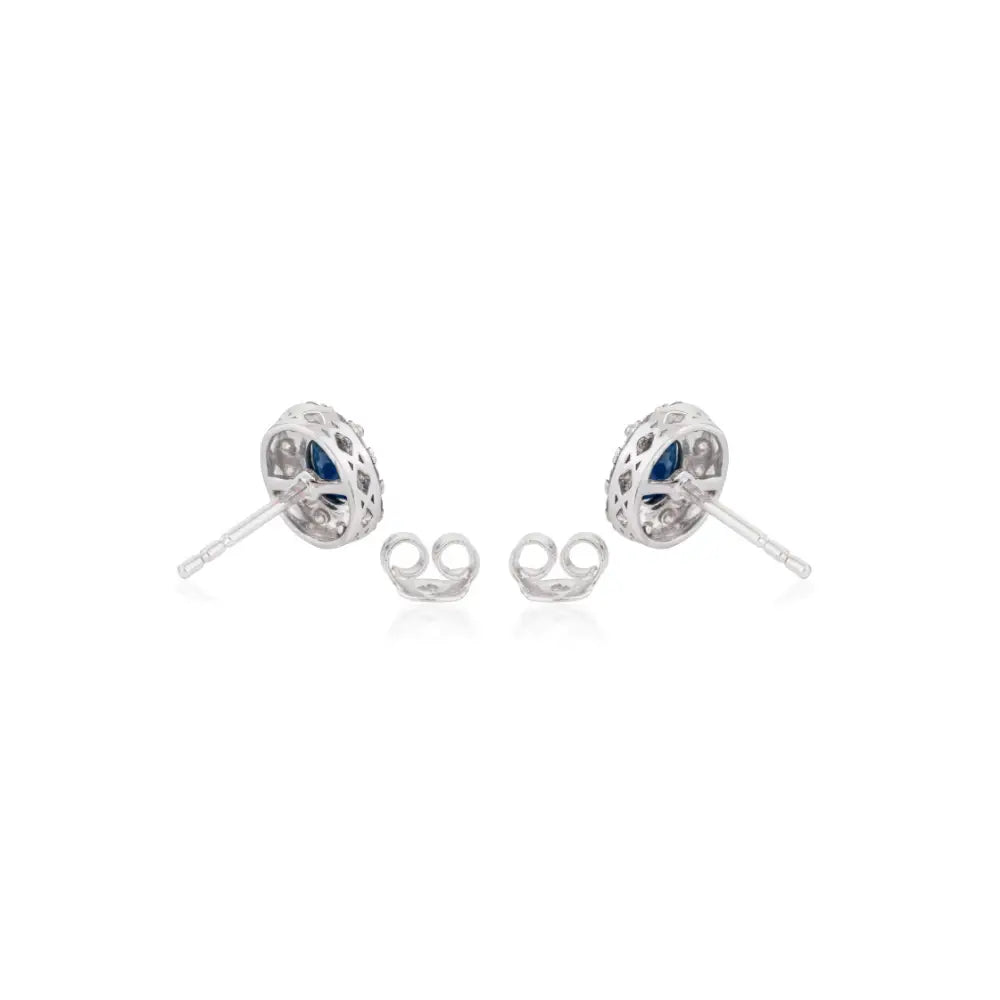 Oval Shape Blue Sapphire & Round Cut Diamond K14 White Gold Halo Stud Earrings For Women's