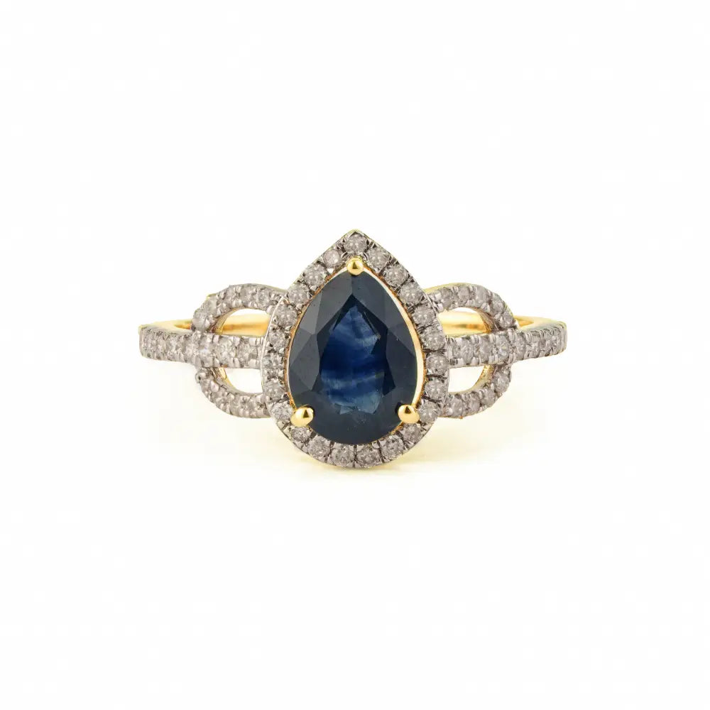 Pear Shape Blue Sapphire & Round Cut Diamond K14 Yellow Gold Statement Ring Newly Jewelry