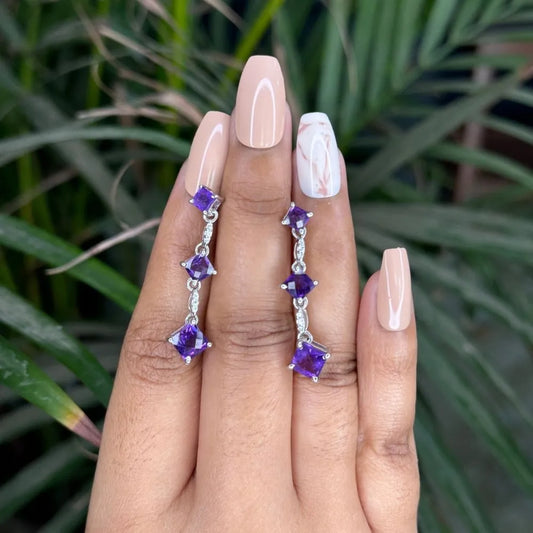 Exclusive Jewelry Square Shape Amethyst & American Diamond Dangle Earrings
