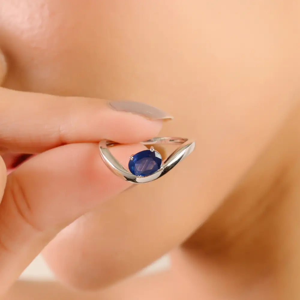 Customized Wholesale Blue Sapphire Wavy Band Ring 14K Solid White Gold Everyday Jewelry