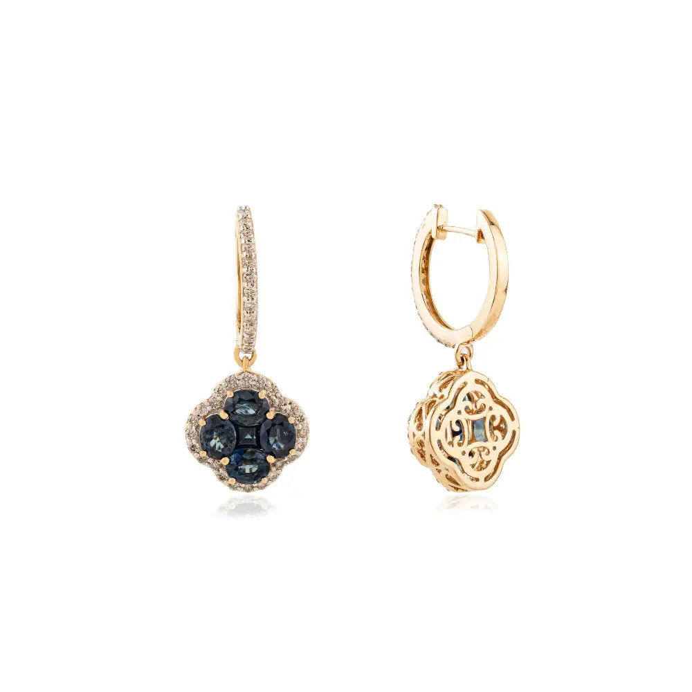 4.55 Ct. Blue Sapphire Gemstone & Diamond Clover Hoop Charm Drop Earrings 14K Gold