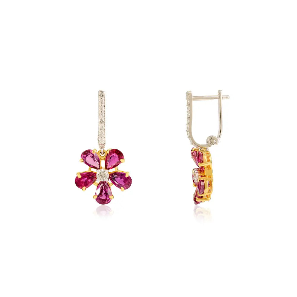 Real Ruby & Diamond Flower Design Drop Earrings 18K Solid Two Tone Gold Anniversary Gift