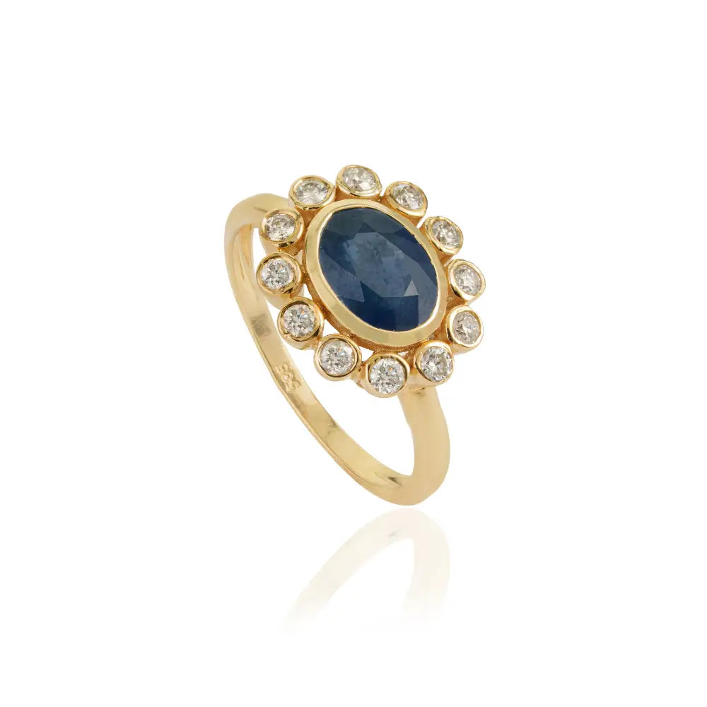 Floral Inspired Blue Sapphire & Diamond East West Cluster Ring Real K14 Yellow Gold Fine Jewelry