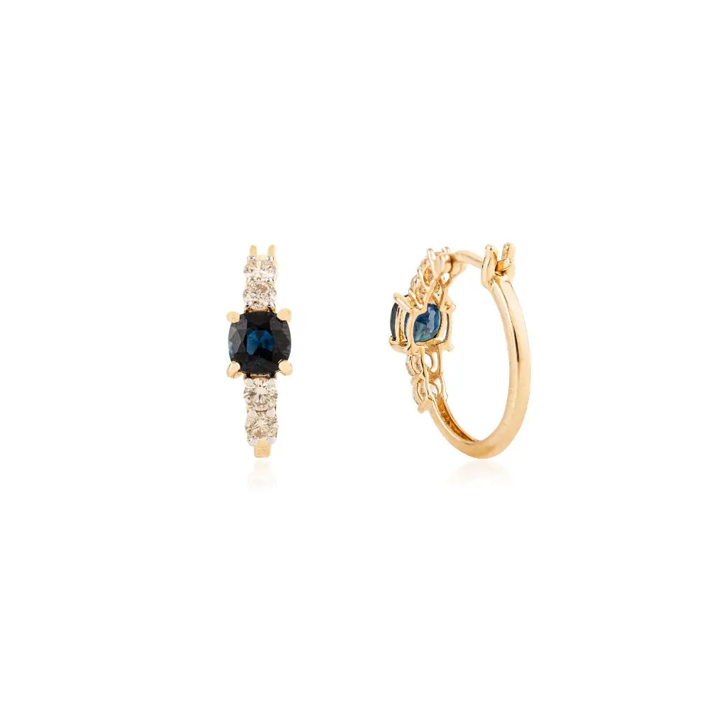 K14 Yellow Gold Cushion Shape Blue Sapphire & Diamond Hoop Earrings Women Gift Jewelry