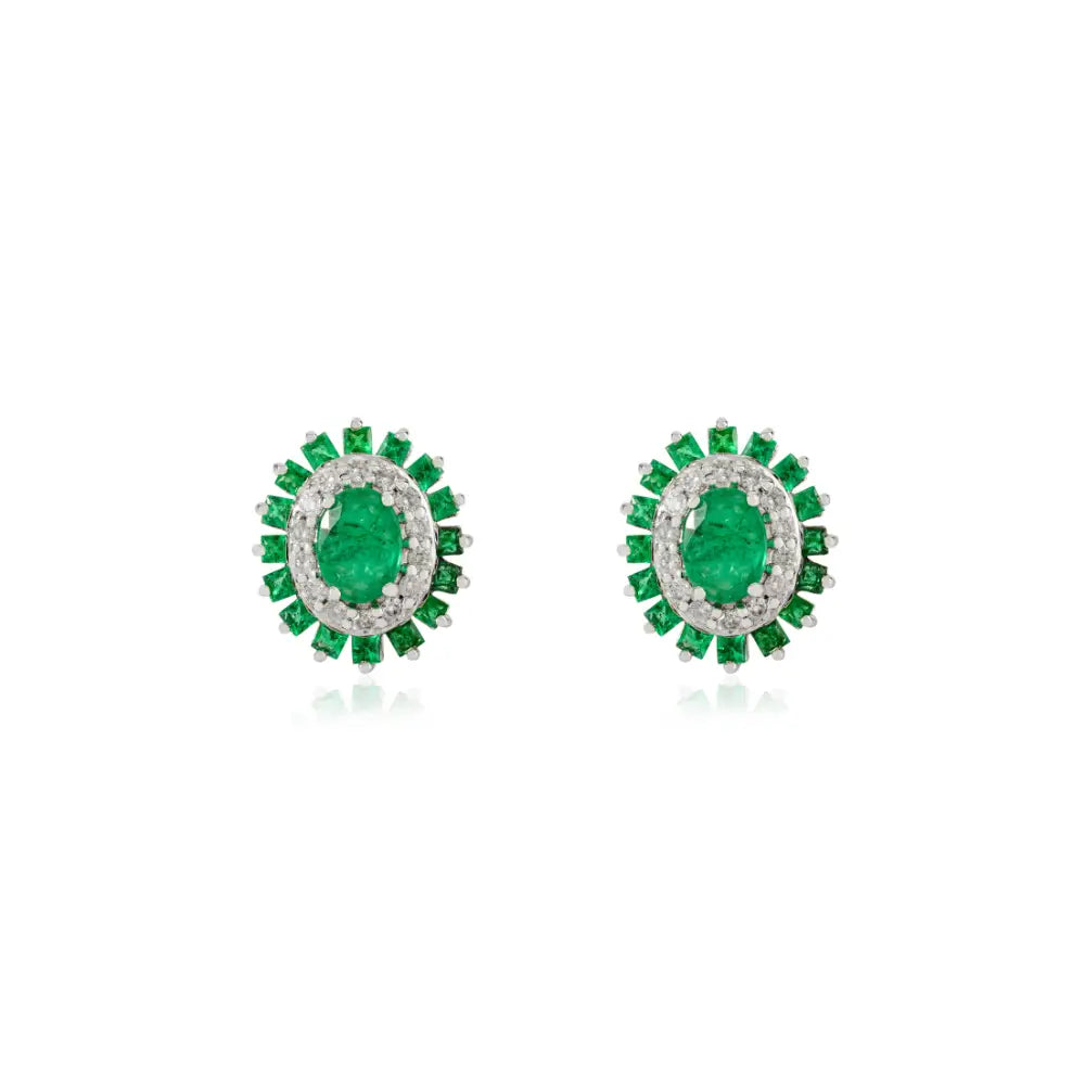 Hot Sale 14K White Gold Emerald & Diamond Unique Design Statement Stud Earrings For Women