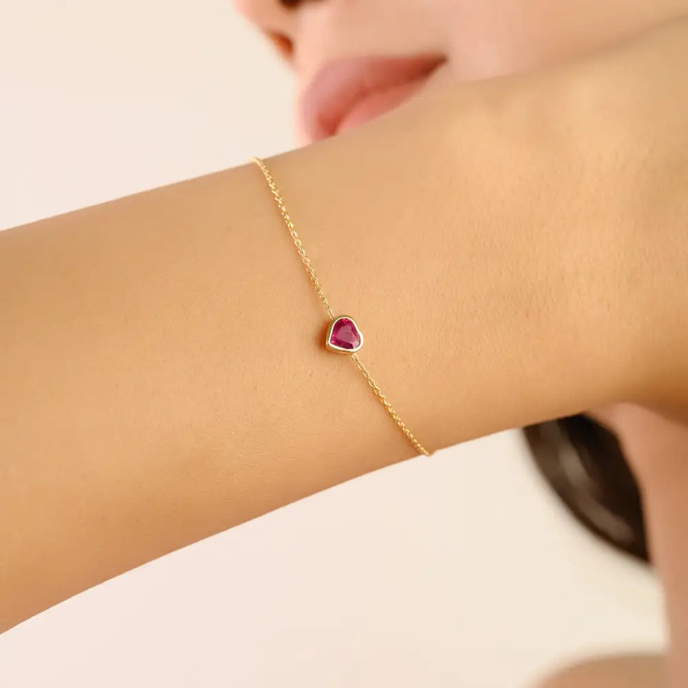 Minimalist Trendy Heart Shape Ruby Bezel Set Solitaire Chain Bracelet 14K Yellow Gold Jewelry