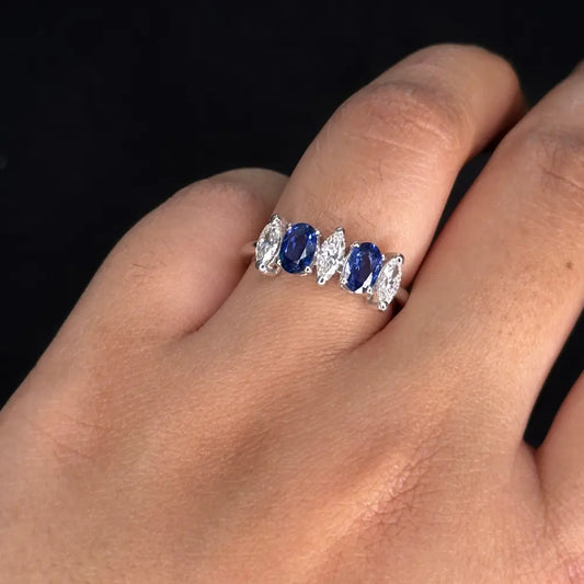 Natural Two Blue Sapphire & Three Diamond 18K Solid White Gold Half Band Ring