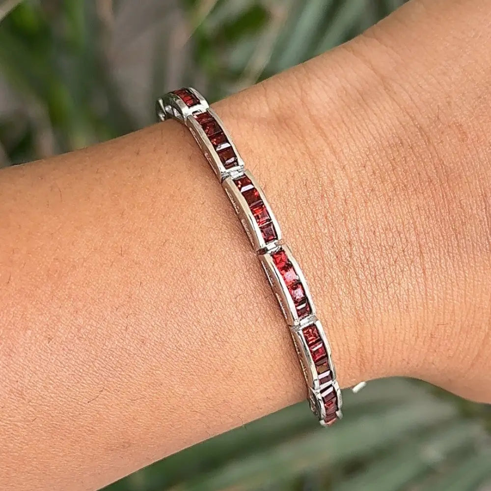 Authentic Square Cut Garnet January Birthstone Tennis Bracelet Set In Bezel Setting