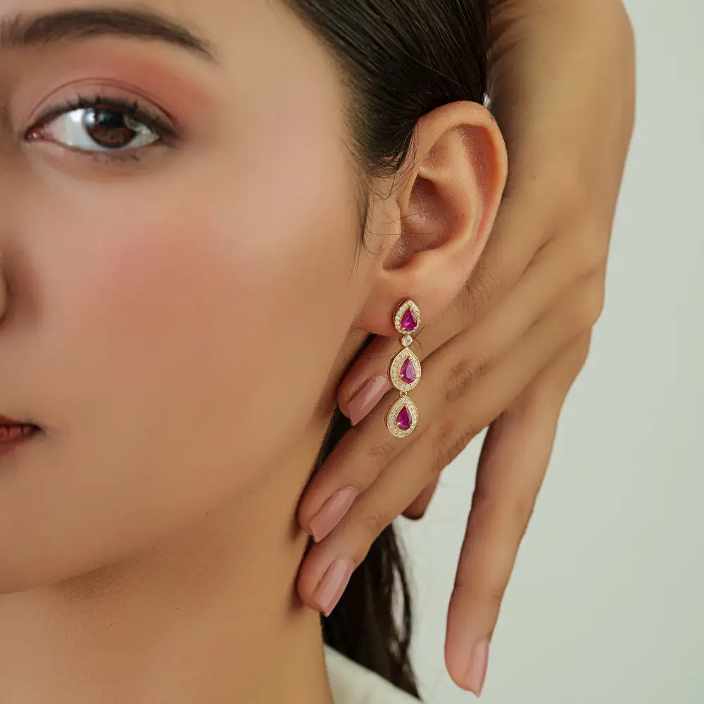 100% Real Ruby & Diamond Halo Teardrop Dangle Earrings Solid 14K Yellow Gold Jewelry