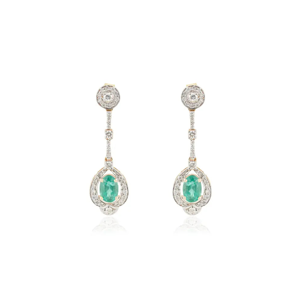 14K Solid Yellow Gold Emerald & Diamond Water Drop Shape Dangle Earrings For Women Jewelry