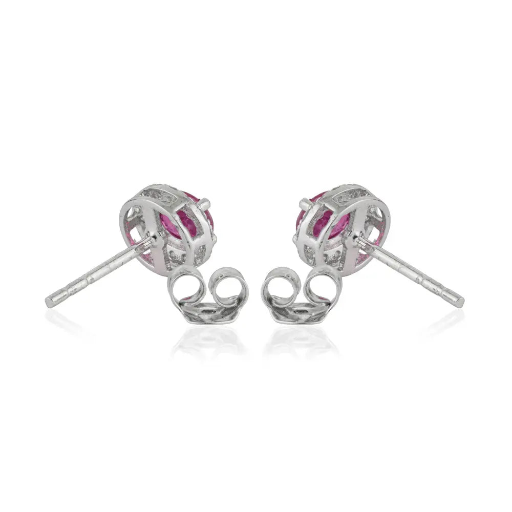 Oval Shape Ruby & Round Cut Diamond Real K18 White Gold Halo Stud Earrings Minimal Jewelry