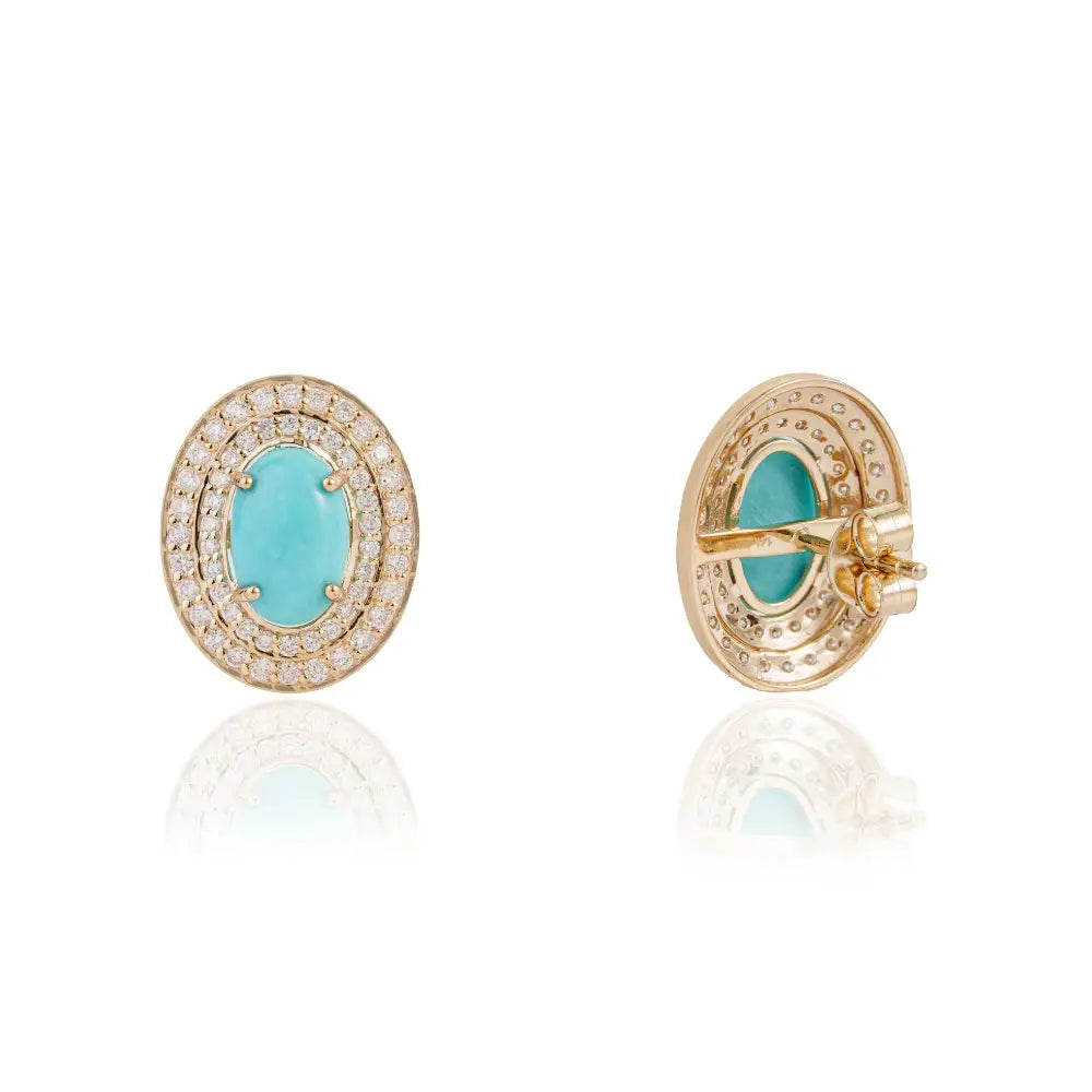 9x6mm Oval Cut Turquoise & Diamond Handmade Double Halo Stud Earrings 14K Yellow Gold