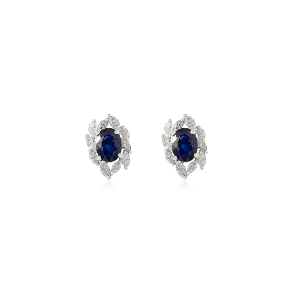 14K Solid Gold Oval Blue Sapphire & Marquise Diamond Designer Stud Earrings For Women
