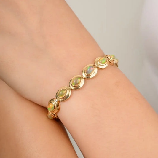 Unique Design 14K Yellow Gold Oval Shape Opal Tennis Bracelet Handmade October Birthstone