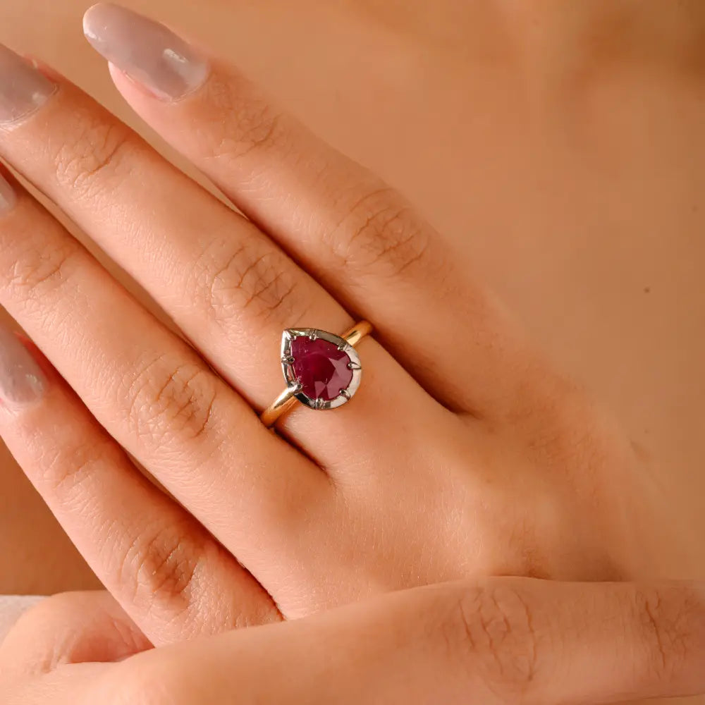 Best New Design 8x7 mm Pear Ruby Single Stone Engagement Ring 18K Yellow Gold Women Gift