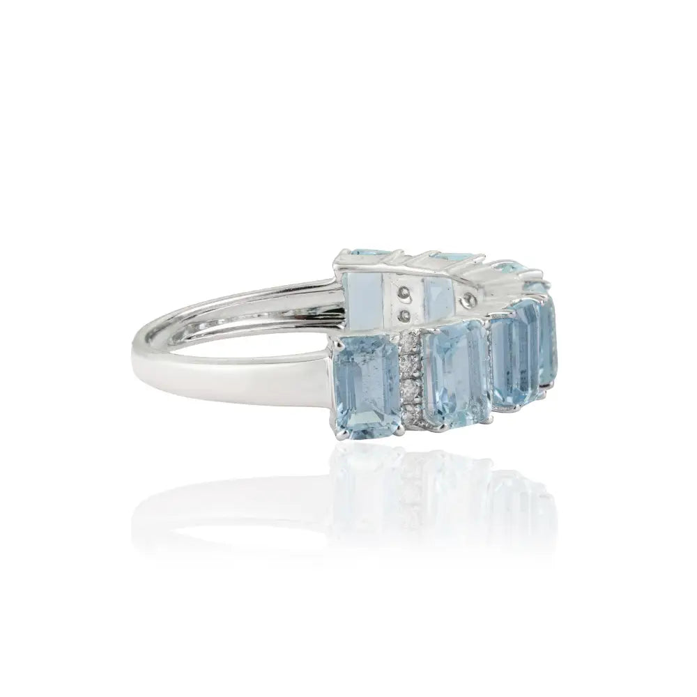 5x3 mm Octagon Shape Aquamarine & Round Cut Diamond Half Eternity Band Ring 18K Gold