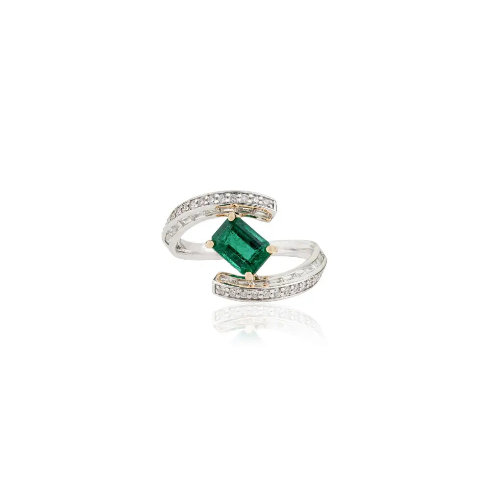 18K Solid Two Tone Gold Zambian Emerald & Diamond Statement Ring Handmade Jewelry