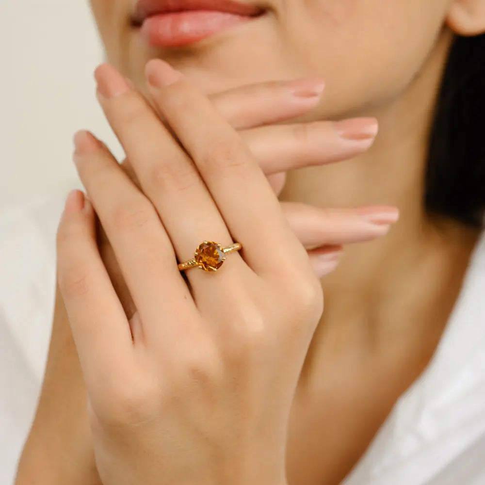 Citrine Round Cut Gemstone Ring November Birthstone 14K Yellow Solid Gold