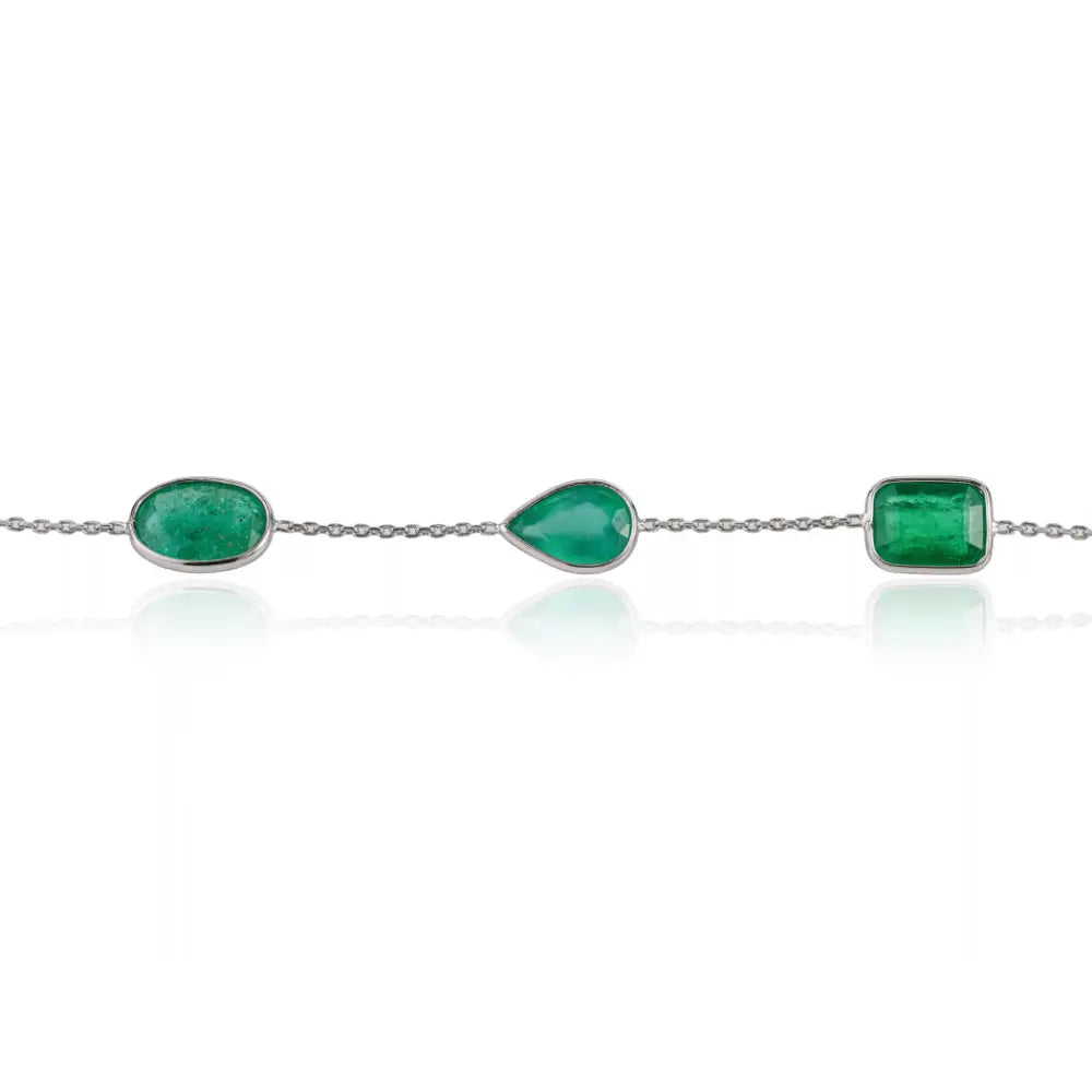 Mixed Shape Emerald Stone Solid K14 White Gold Station Bracelet Precious Jewelry Supplier