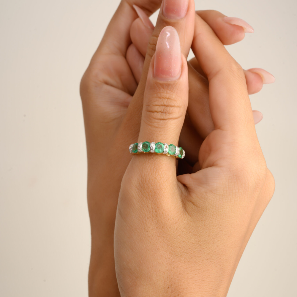 K14 Yellow Gold Natural Emerald & Diamond Band Ring Wholesale Jewelry