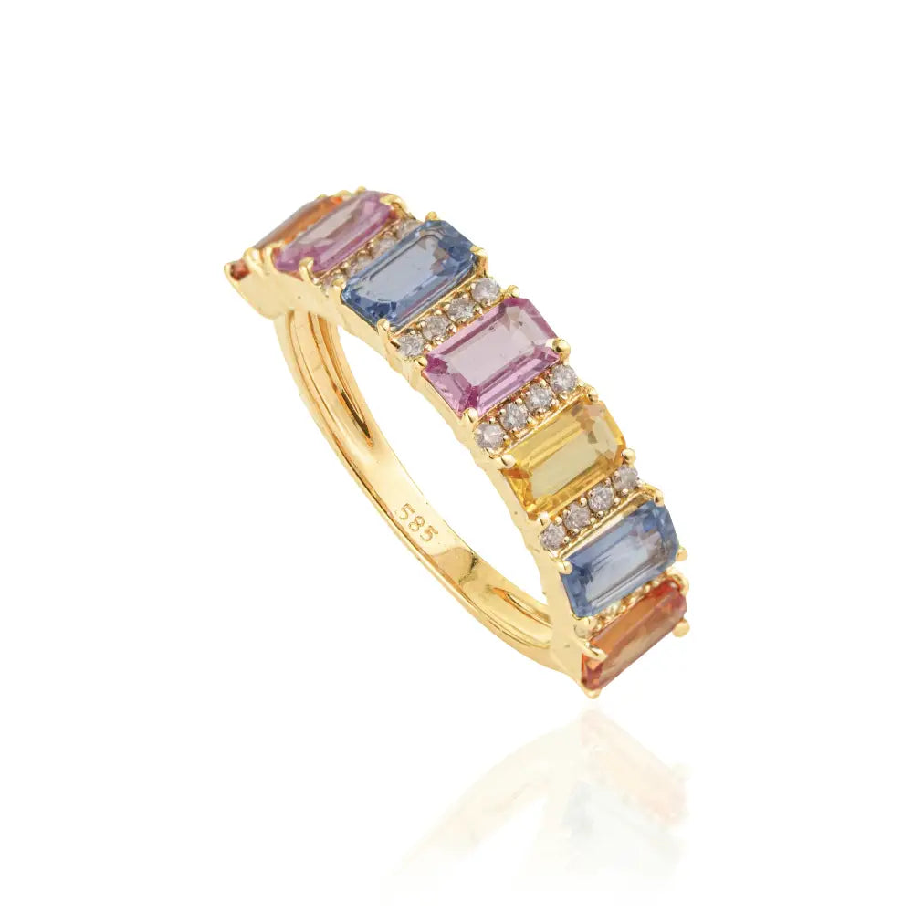 Trending Multi Sapphire & Diamond K14 Yellow Gold Half Eternity Band Ring Custom Jewelry