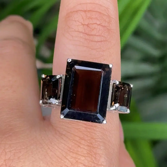 Customized Gemstone Jewelry 925 Sterling Silver Smoky Quartz Three Stone Ring Prong Setting