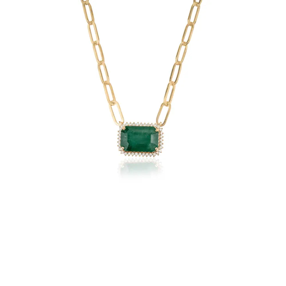 14K Real Yellow Gold Emerald & Diamond Paperclip Chain Cluster Pendant Necklace For Women