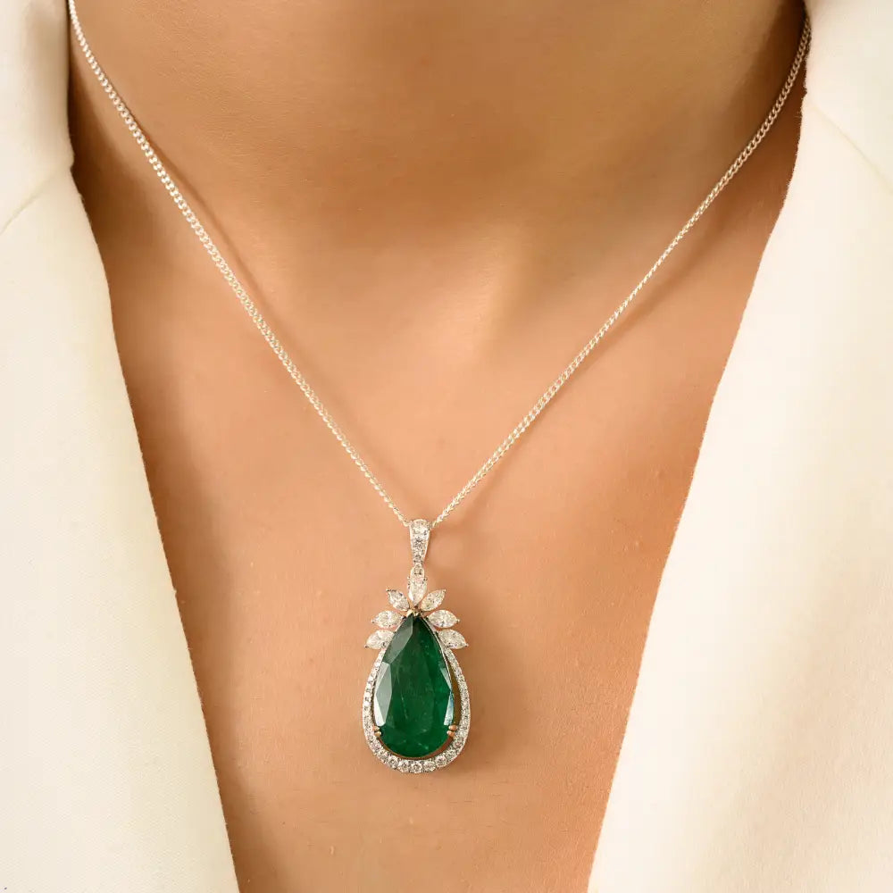 Unique Designer 9.38 ct. Emerald & Diamond Teardrop Pendant 18K White Gold Bold Jewelry