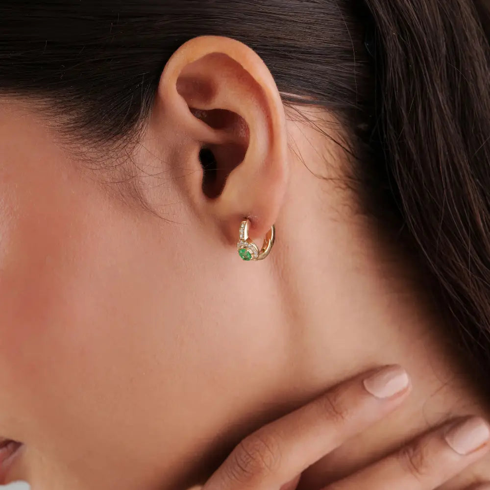 Latest Dainty Design Emerald & Diamond 14K Yellow Gold Mini Hoop Earrings Daily Wear Jewelry