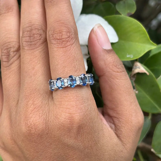 Handmade Jewelry 14K Solid White Gold Natural Blue Sapphire & Diamond Half Eternity Band Ring