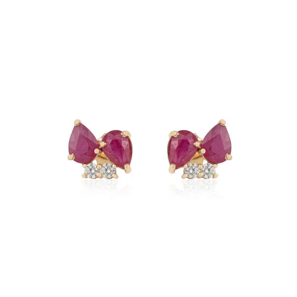 Latest Design Ruby & Diamond Small Gemstone Stud Earrings 14K Real Yellow Gold Fine Jewelry