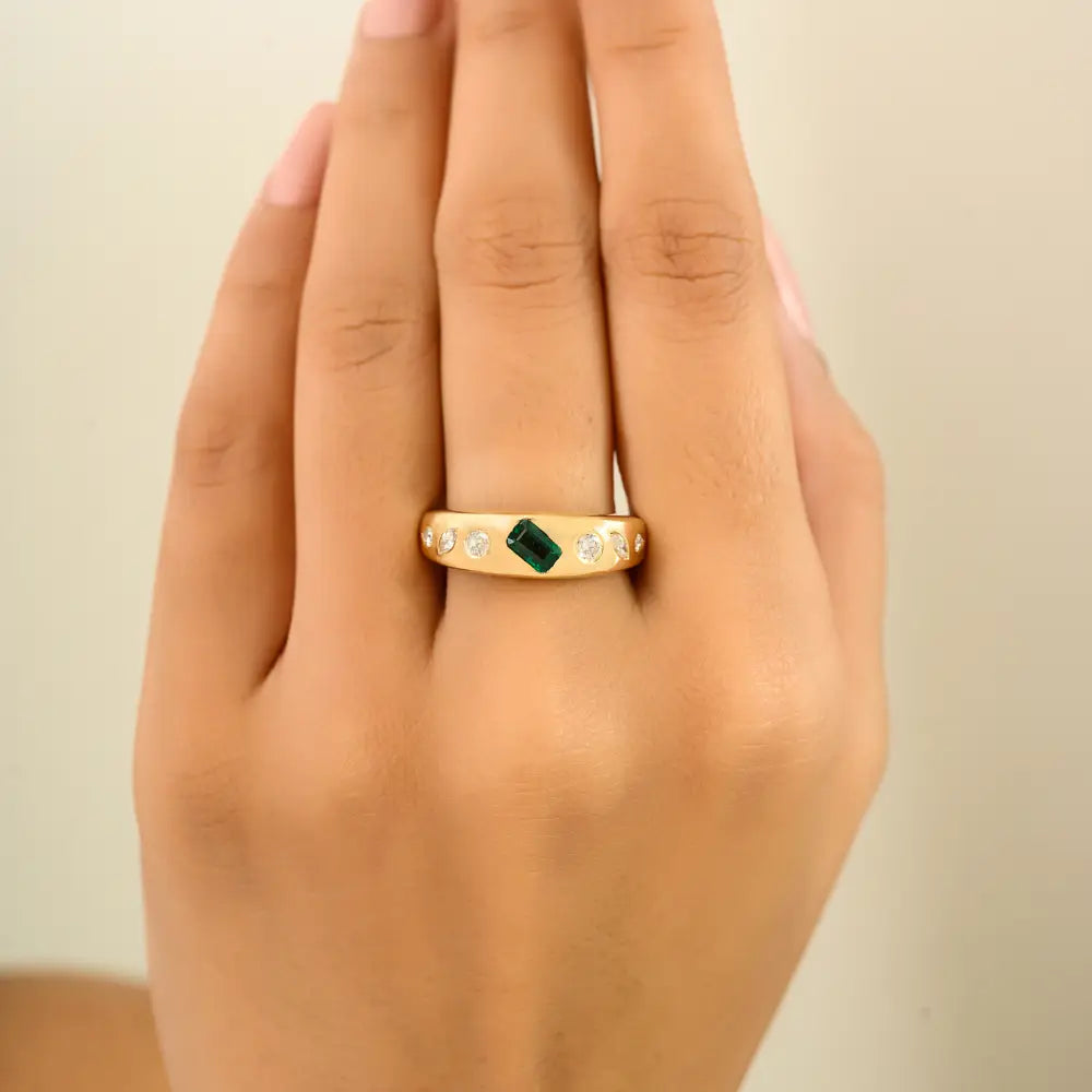 Unique Zambian Emerald & Diamond 18K Solid Yellow Gold Chunky Dome Ring Trendy Jewelry