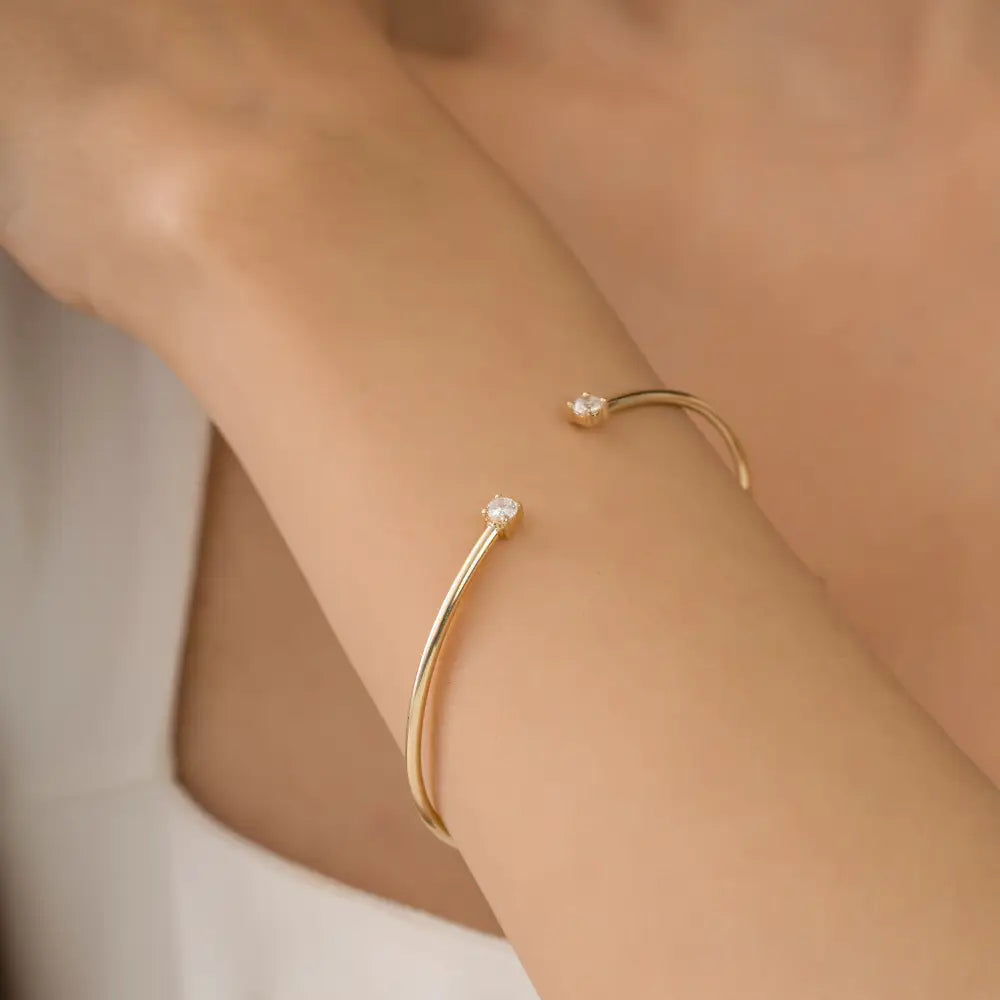 April Birthstone Natural Round Brilliant Cut Diamond Stackable Cuff Bracelet 14K Gold Jewelry