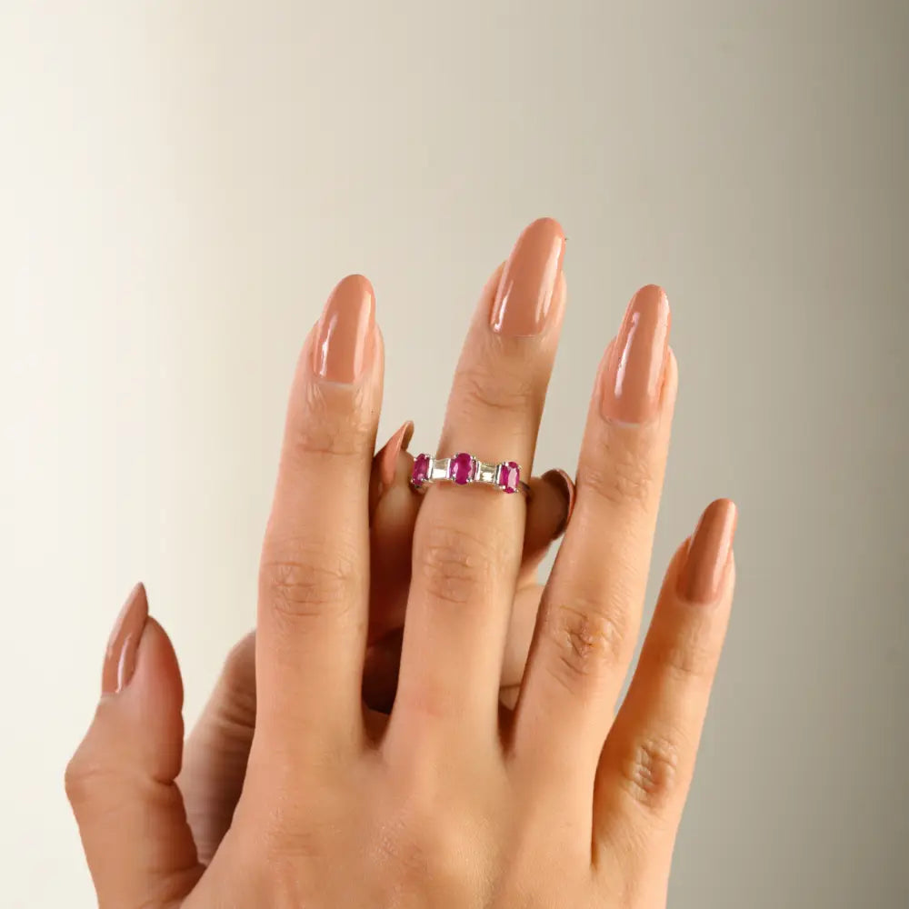 July Birthstone Ruby & Diamond Three Stone Ring Handcrafted 14K Real White Gold Jewelry