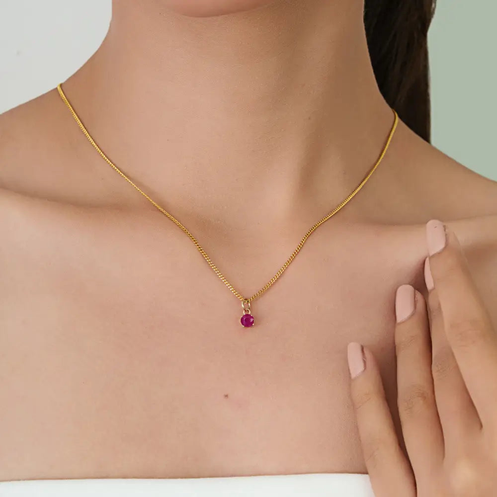 Round Brilliant Cut Ruby Minimal Single Stone Pendant For Women's K14 Real Yellow Gold