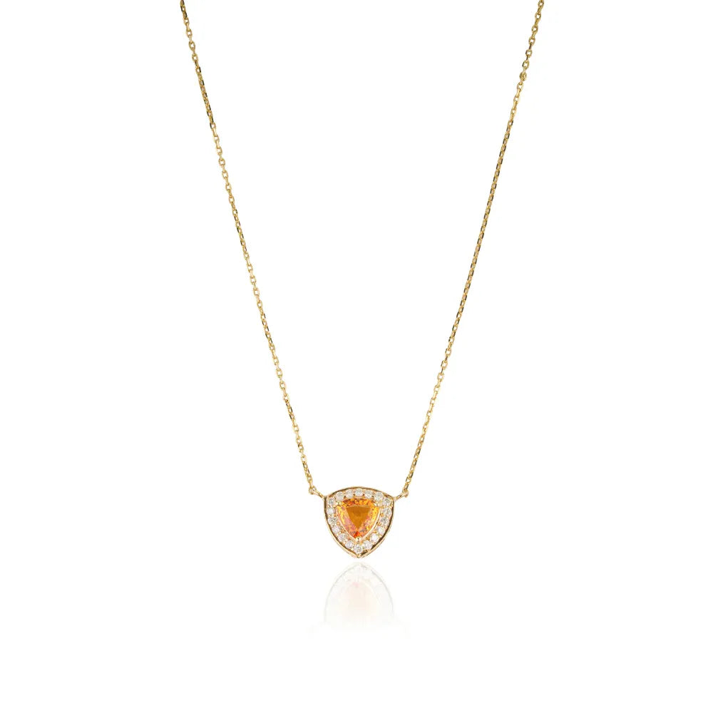 Semi Precious Gemstone Trillion Cut Citrine & Diamond Halo Pendant Necklce Minimal Jewelry 14K Real Yellow Gold
