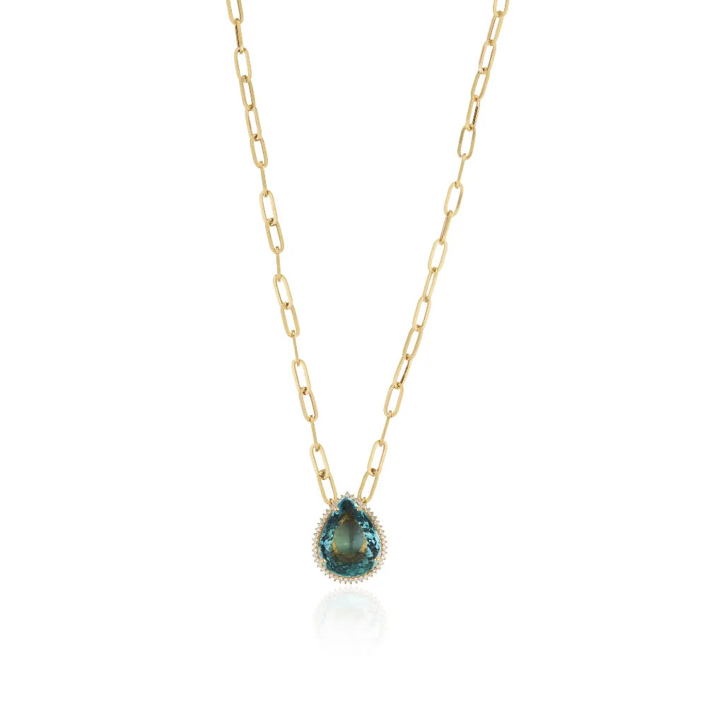 20x15mm Pear Cut Aquamarine & Diamond Paperclip Chain Cluster Pendant Necklace Bold Jewelry Supplier