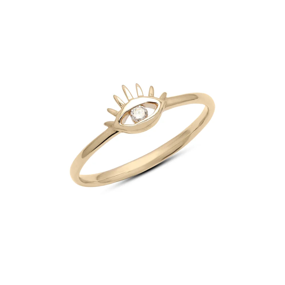 Handcrafted Jewelry 14K Yellow Gold Natural Diamond Evil Eye Minimalist Ring