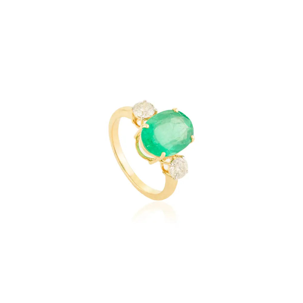 Genuine Emerald & Diamond Three Stone Ring Real K14 Yellow Gold Custom Made Jewelry