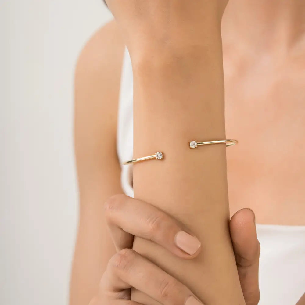 April Birthstone Natural Round Brilliant Cut Diamond Stackable Cuff Bracelet 14K Gold Jewelry