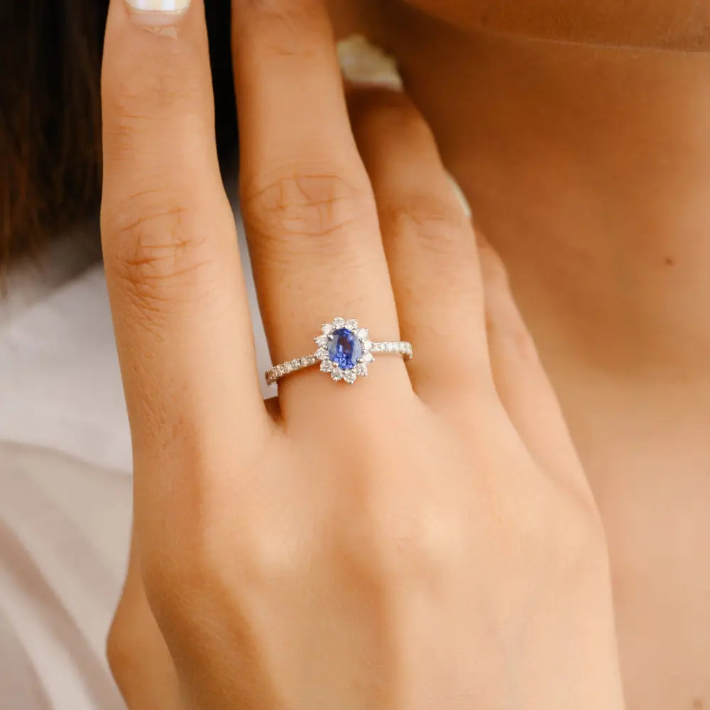 Bulk Jewelry Natural Blue Sapphire & Diamond 18K Solid White Gold Cluster Ring