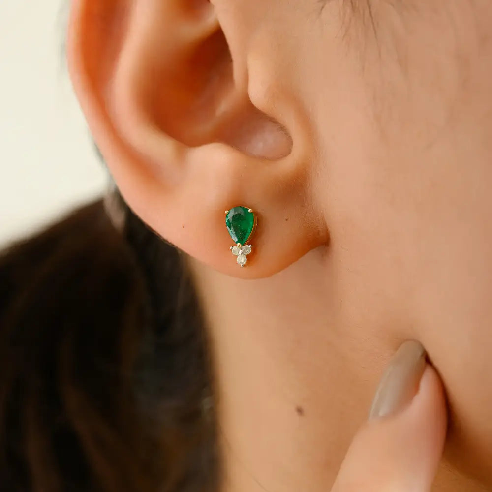 Elegant Minimal 18K Yellow Gold Emerald & Diamond Rings Earrings & Pendant 3 Pcs Jewelry Set