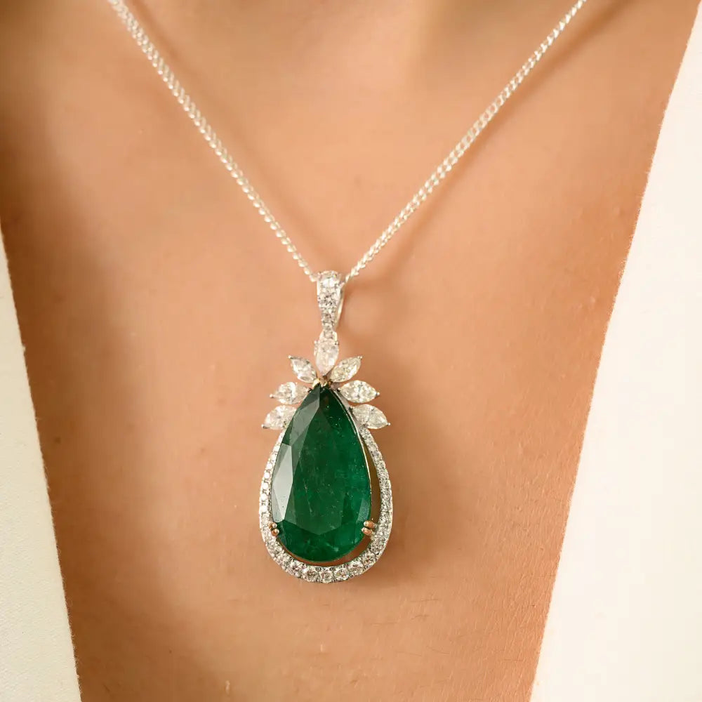 Unique Designer 9.38 ct. Emerald & Diamond Teardrop Pendant 18K White Gold Bold Jewelry