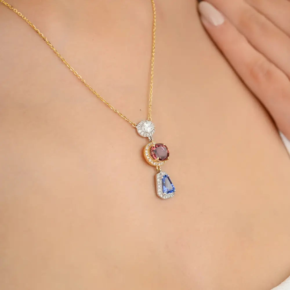 Multi Sapphire & Diamond Solid 18K Yellow Gold Charm Chain Pendant Necklace