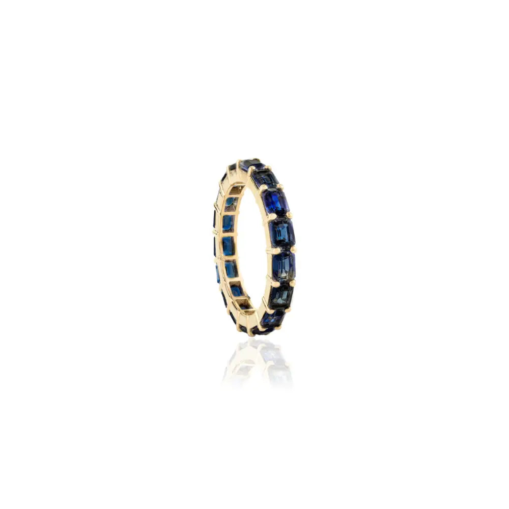 Baguette Shape Real Blue Sapphire 18K Authentic Gold Full Eternity Band Ring