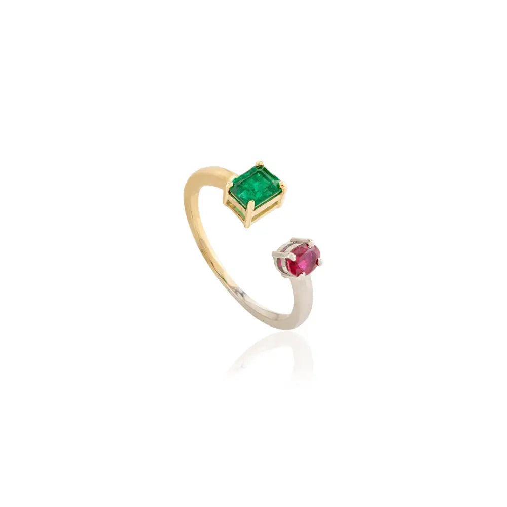 Emerald and Ruby Minimalist Two Stone 18K Authentic Gold Open Ring