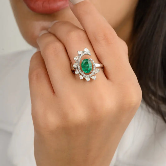 Designer Jewelry Natural Emerald & Diamond 18K White Gold Cocktail Ring