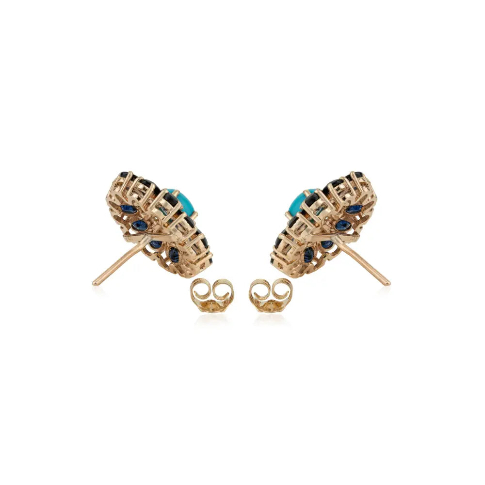 Natural Gemstone Blue Sapphire Turquoise & Diamond K14 Yellow Gold Halo Floral Stud Earrings